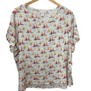 Cynthia Rowley Top Womens 2X  100% Linen Sailboats Nautical Beach Nautical Boxy